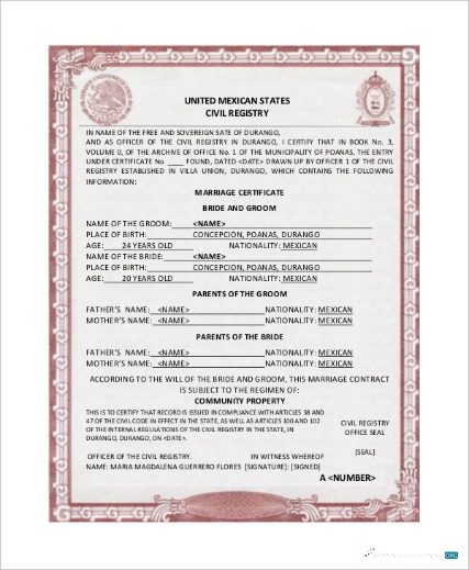 Download United Mexican States civil registry marriage certificate Photoshop template